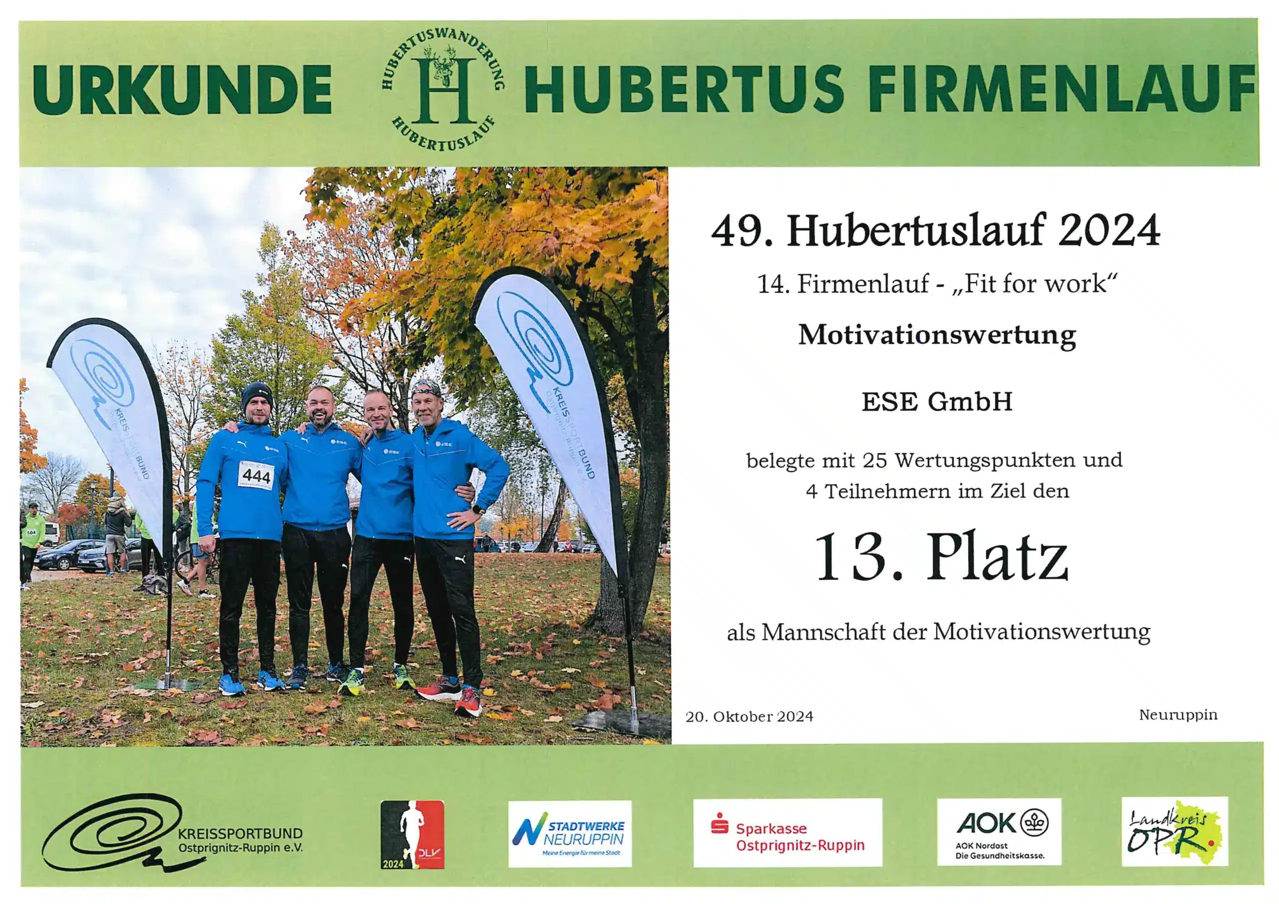 Urkunde Firmenlauf 10_2024 ESE GmbH Urkunde vom Hubertuslauf in Neuruppin „Fit for work“