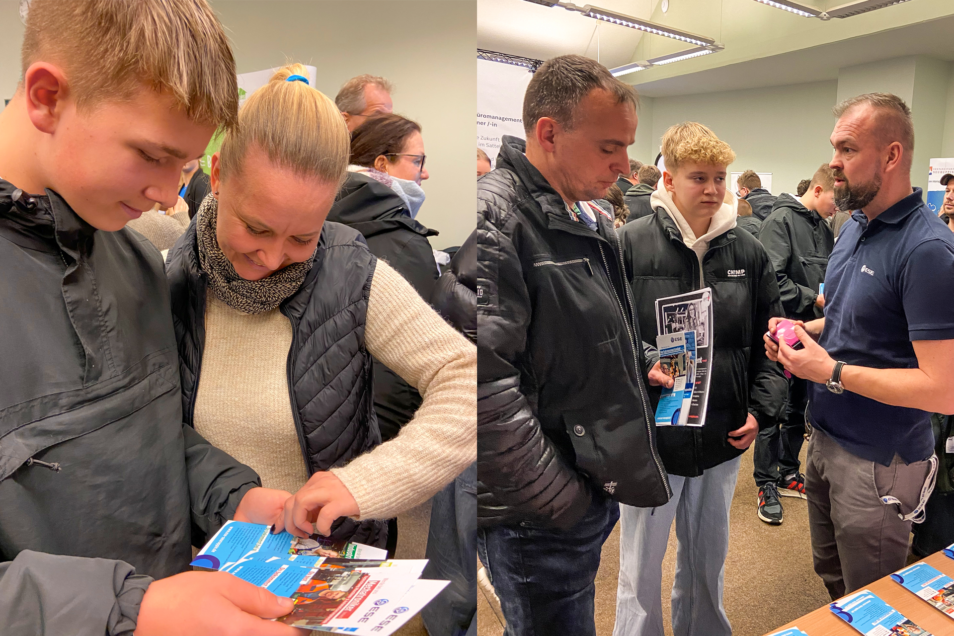 Es ist eine Kombination aus zwei Fotos von der Ausbildungsmesse 2025 im OSZ Neuruppin zu sehen. Auf dem rechten Bild spricht Stephan Schillkowski von ESE mit zwei Besuchern am Infostand. Die Besucher halten Infomaterial zur Ausbildung bei ESE in der Hand. Auf dem linken Bild ist ein Jugendlicher vermutlich mit seiner Mutter zu sehen. Beide schauen sich verschiedene Flyer zu Ausbildungsmöglichkeiten bei ESE an.